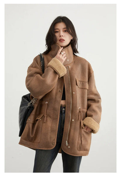 CHIC VEN Women's Reversible Jacket – Thick Suede, Motorcycle Style, Loose Fit Winter & Autumn Outerwear 2023