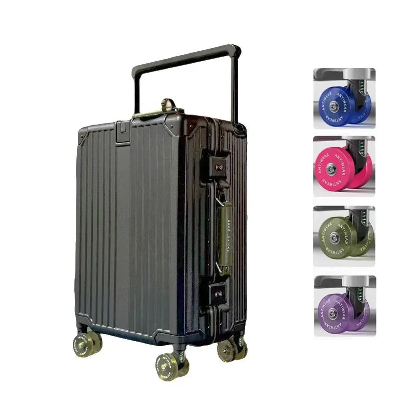 Aluminum Frame Rolling Luggage — Wide Handlebar Trolley Suitcase with Colorful Silent Spinner Wheels, TSA Lock & Large Capacity