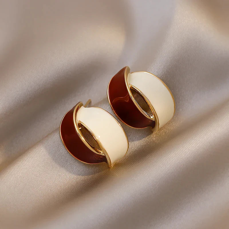 Korean Double Arc Enamel Stud Earrings – Blue Geometric Jewelry for Women