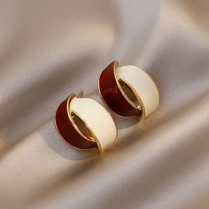 Korean Double Arc Enamel Stud Earrings – Blue Geometric Jewelry for Women