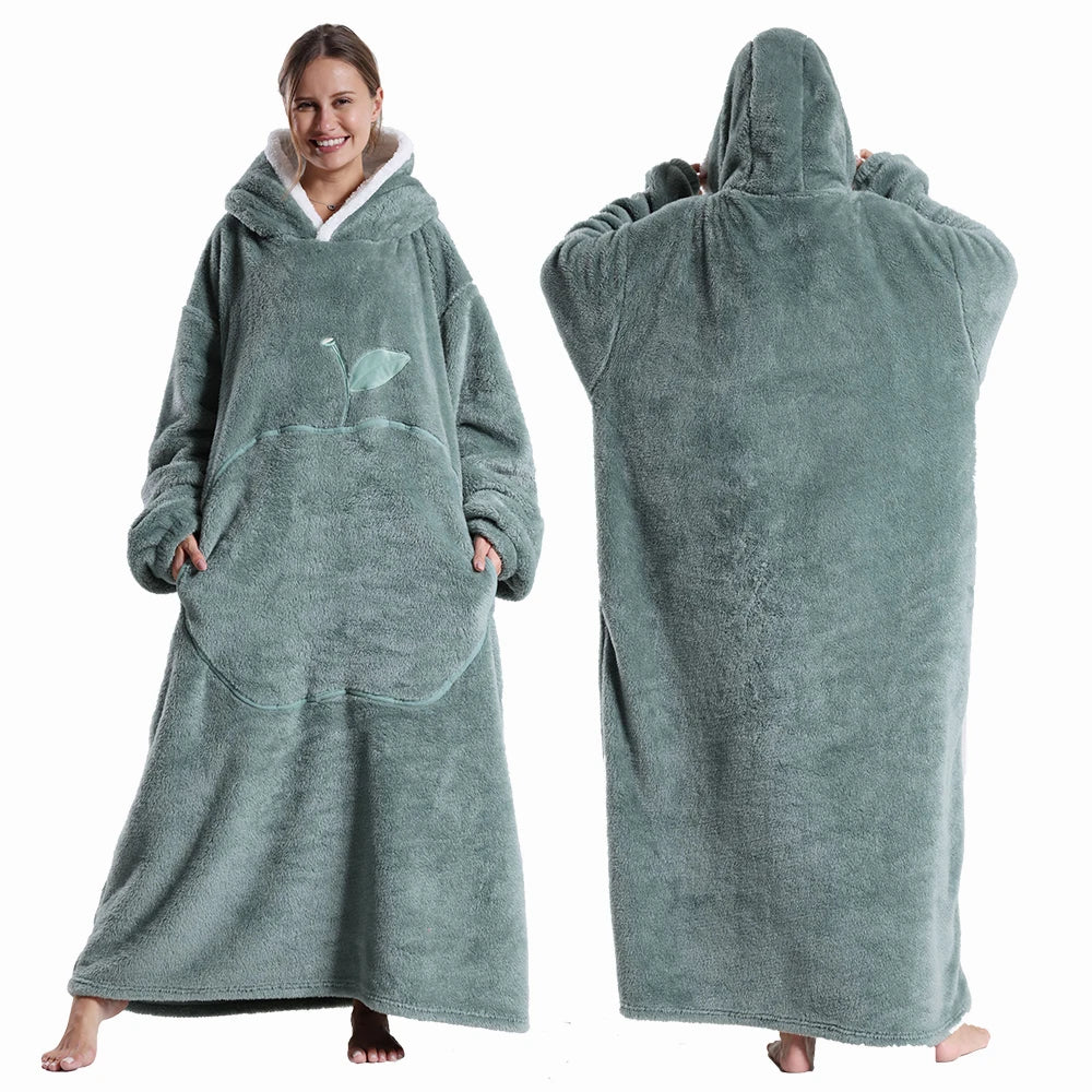 Extra Long Wearable Blanket - Winter Flannel Hooded Blanket with Full Sleeves, Cozy Soft Throw for Men and Women