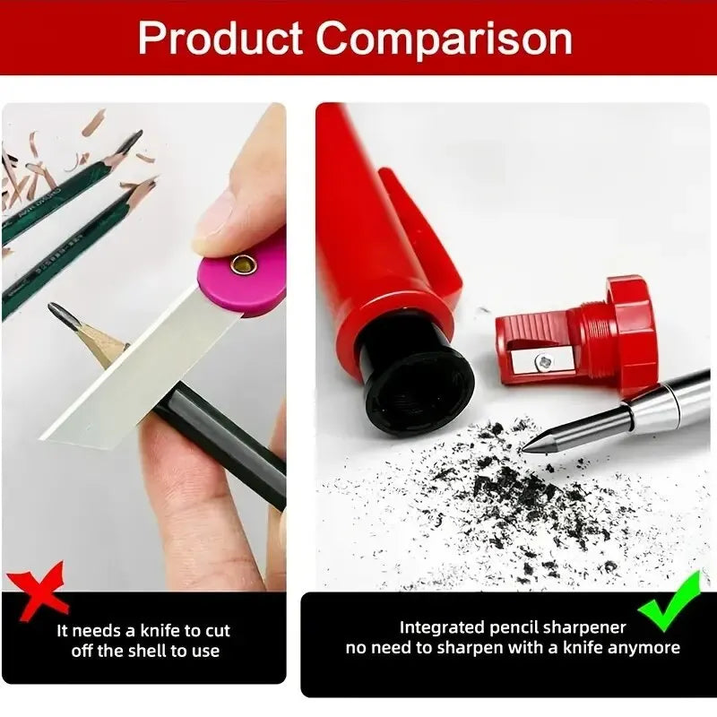 Professional Carpenter Pencil - Metal Long Head Deep Hole Engineering Marker with Quick Drying Graphite, Woodworking Black Red Lineation