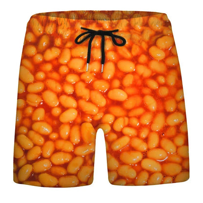 3D Sausage Print Beach Shorts - Funny Food Graphic Elastic Waist Swim Trunks for Men