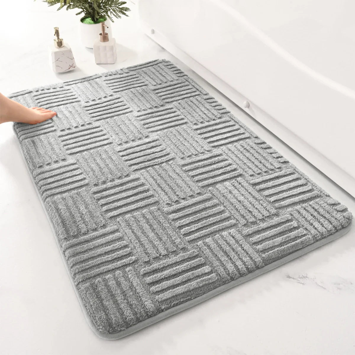 Thickened Absorbent Striped Floor Mat - Solid Color Non-Slip Cotton Velvet Bathroom & Bedroom Carpet