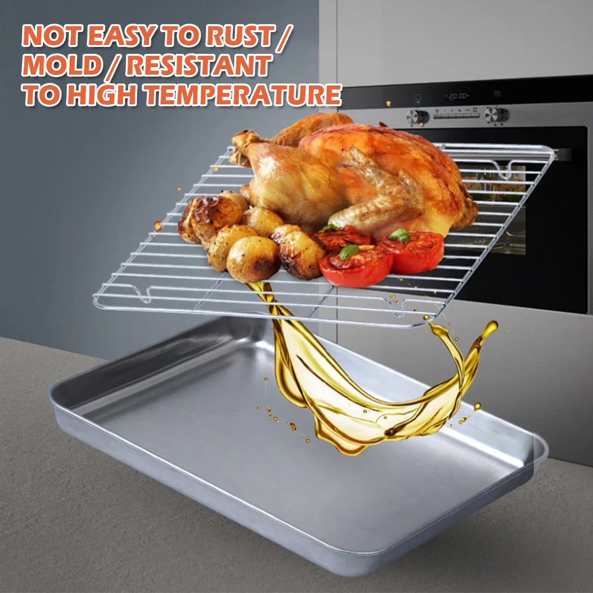 Stainless Steel Baking Pan with Wire Rack - Oven Tray for Cake, BBQ, Brownies, Cooking, Roasting and Grilling