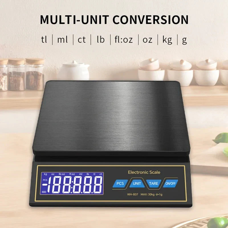 LCD Digital Kitchen Scale 30kg/1g – Rechargeable Stainless Steel Precision Electronic Weighing Scale for Food, Baking & Jewelry