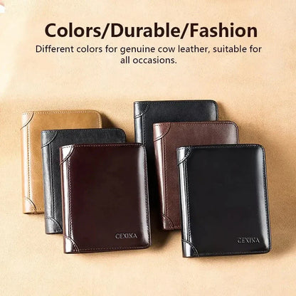 Men’s Genuine Leather RFID Blocking Trifold Wallet – Business Short Wallet with ID Window & Credit Card Holder Slim Men’s Purse Wallet