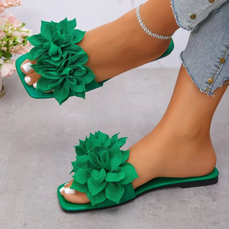 Women's Floral Flat Slippers - Solid Color Open-Toe Summer Beach Slides