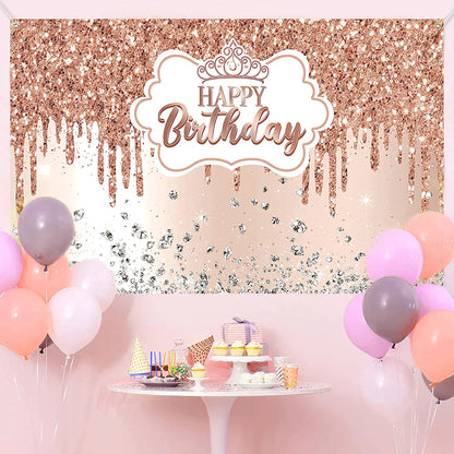 Gold Glitter Happy Birthday Party Backdrop - Black Adult Theme Photo Decoration, DIY Backdrops for Party Supplies