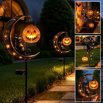 Halloween Garden Stake Light - Black Cat & Pumpkin Moon Outdoor Waterproof Metal Decor