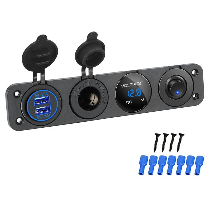 4-in-1 Marine Switch Panel | 12V Dual USB Charger, Power Outlet, LED Voltmeter & Cigarette Lighter Socket