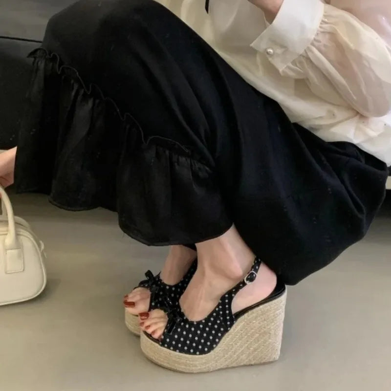 Women’s Peep Toe Wedge Sandals - 12cm French-Style Summer Platform Shoes