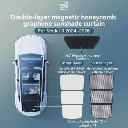 Tesla Model 3/Y Sunshade - Graphene Honeycomb Roof, Front & Rear Sunroof Glass Cover 2025-2026