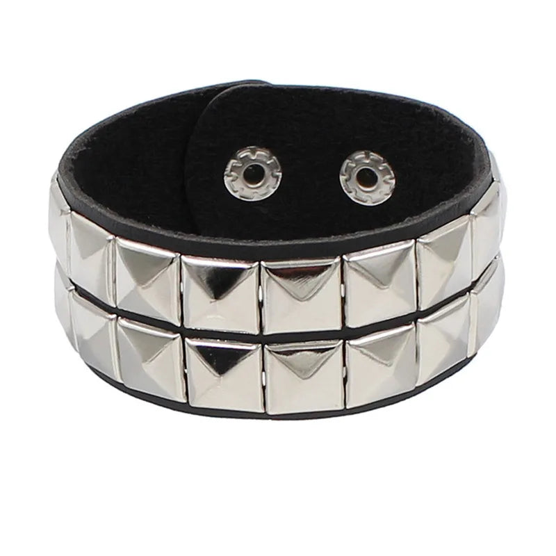 90s Punk Style Bracelet – PU Leather with 3 Rows of Spikes & Square Studs, Fashion Bangle for 2024