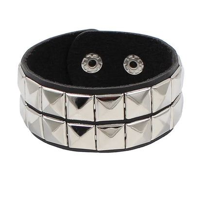 90s Punk Style Bracelet – PU Leather with 3 Rows of Spikes & Square Studs, Fashion Bangle for 2024