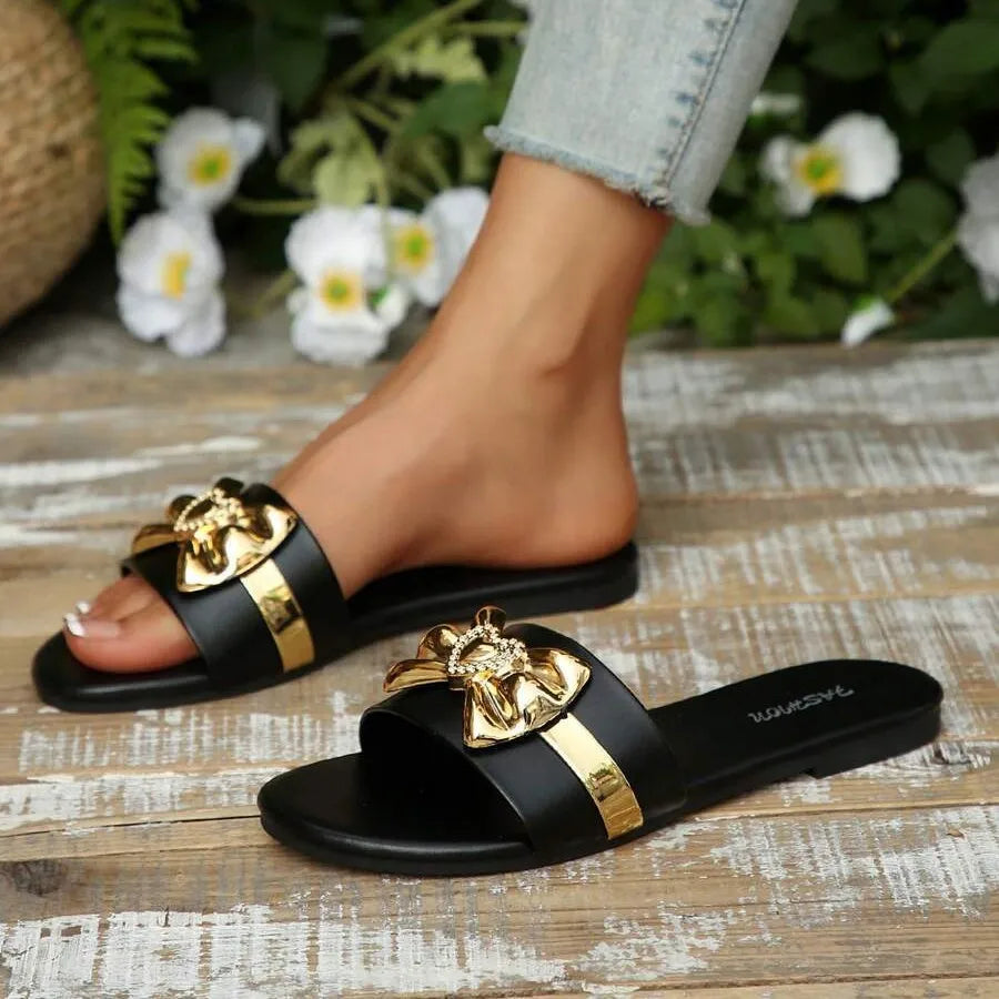 Women’s Bow Buckle Flat Sandals - Fashionable Solid Color Round-Toe Slippers