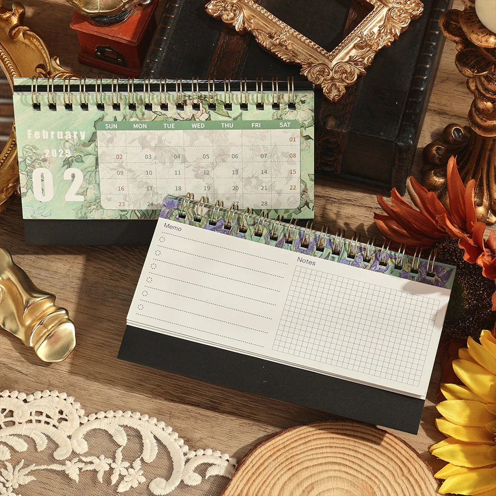 2025 Vintage Painting Desk Calendar – Flip Monthly Schedule with Memo Notes | Tabletop Calendar for Home & Office