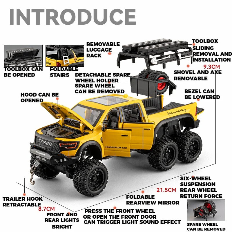 1:24 Dodge Mammoth RAM 1000 TRX 6x6 Diecast Model Car – Metal Alloy Toy with Lights for Kids & Collectors Gift