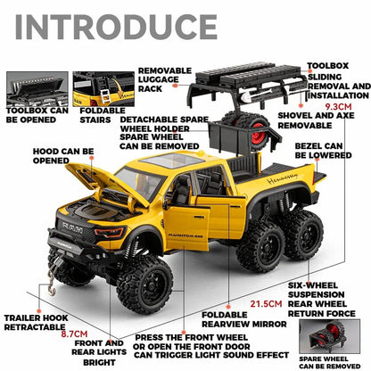 1:24 Dodge Mammoth RAM 1000 TRX 6x6 Diecast Model – Metal Alloy Pickup Toy Car with Lights for Kids & Collectors