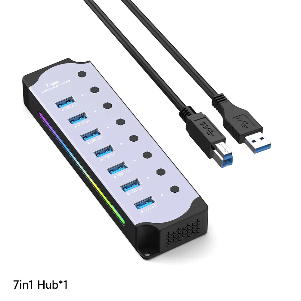 10-in-1 USB 3.0 Powered Hub — RGB E-Marker with Individual Switches & Heat Dissipation, DC 5V Adapter