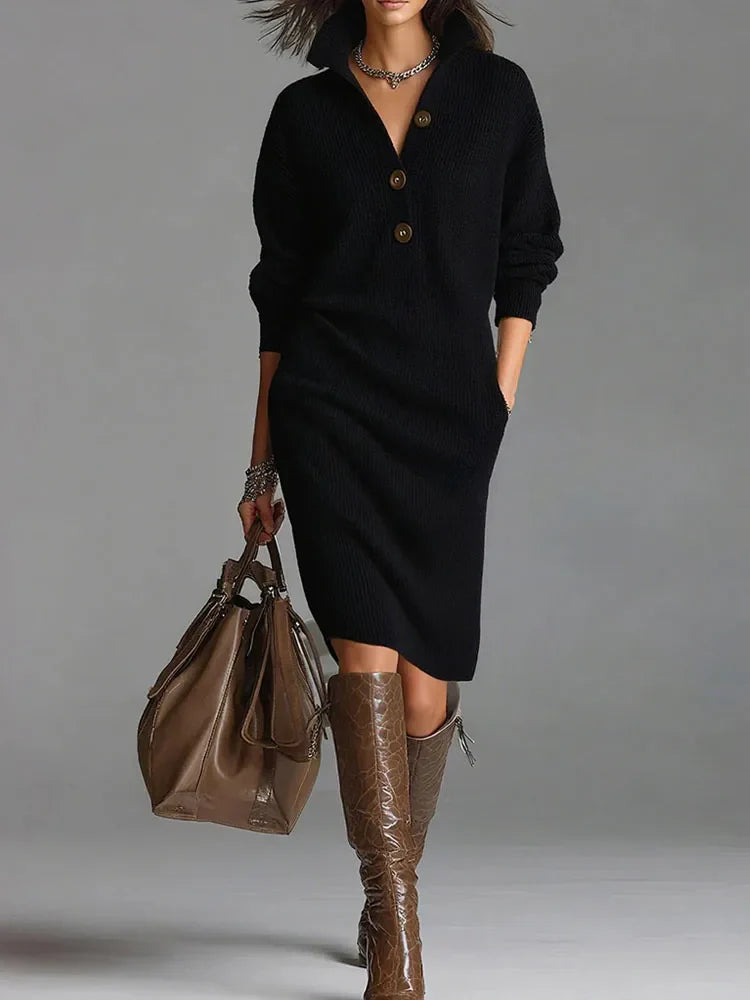 Elegant Ribbed Knit Midi Dress – Lapel Collar Button Front Long Sleeve Fall Winter Sweater Dress