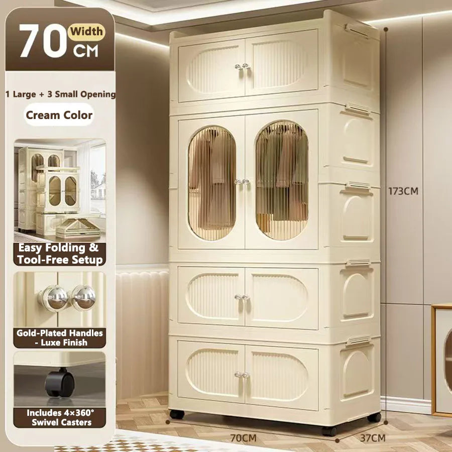 Foldable Storage Cabinet with Drawers – Dustproof Wardrobe Organizer for Home & Office