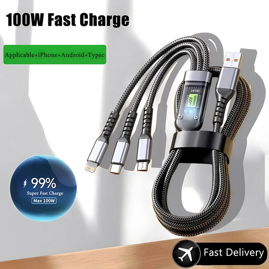 100W Fast Charging Cable - 3 in 1 Nylon Braided Multi USB Charger with Type-C, Micro, and Universal Adapter