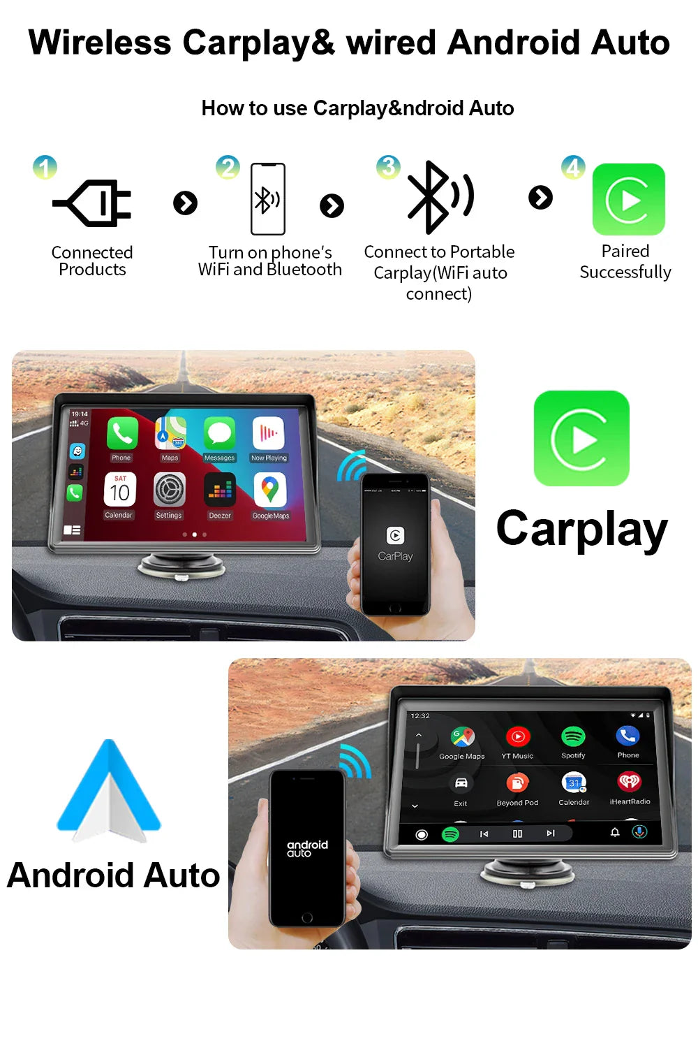 7 Inch IPS Portable Car Radio – WIFI Wireless CarPlay & Android Auto, Multimedia Video Player with Reversing Camera for Apple/Android