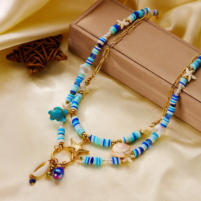 Bohemian Shell Layered Necklace - Vintage Starfish & Turtle Blue Beaded Beach Jewelry for Women
