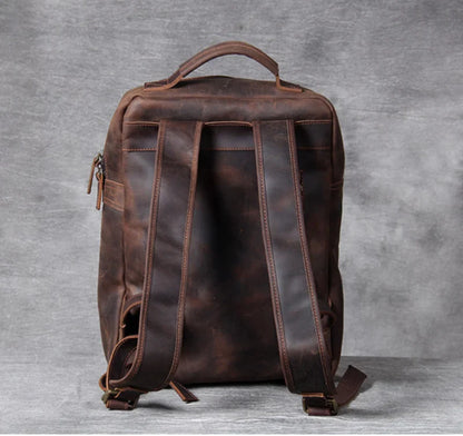 Vintage Crazy Horse Leather Backpack for Men — 17" Laptop Travel Rucksack Cowhide Hiking Bag M815