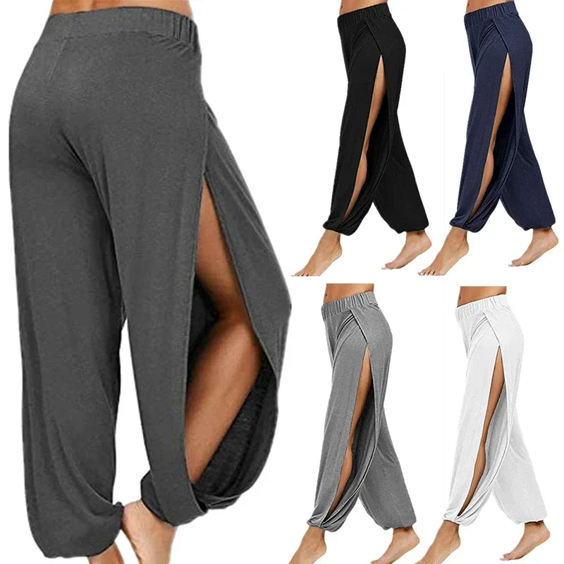 Women’s Summer High Slit Harem Pants – Loose Fit Wide Leg Yoga & Sports Trousers, Breathable Hippie Style Activewear