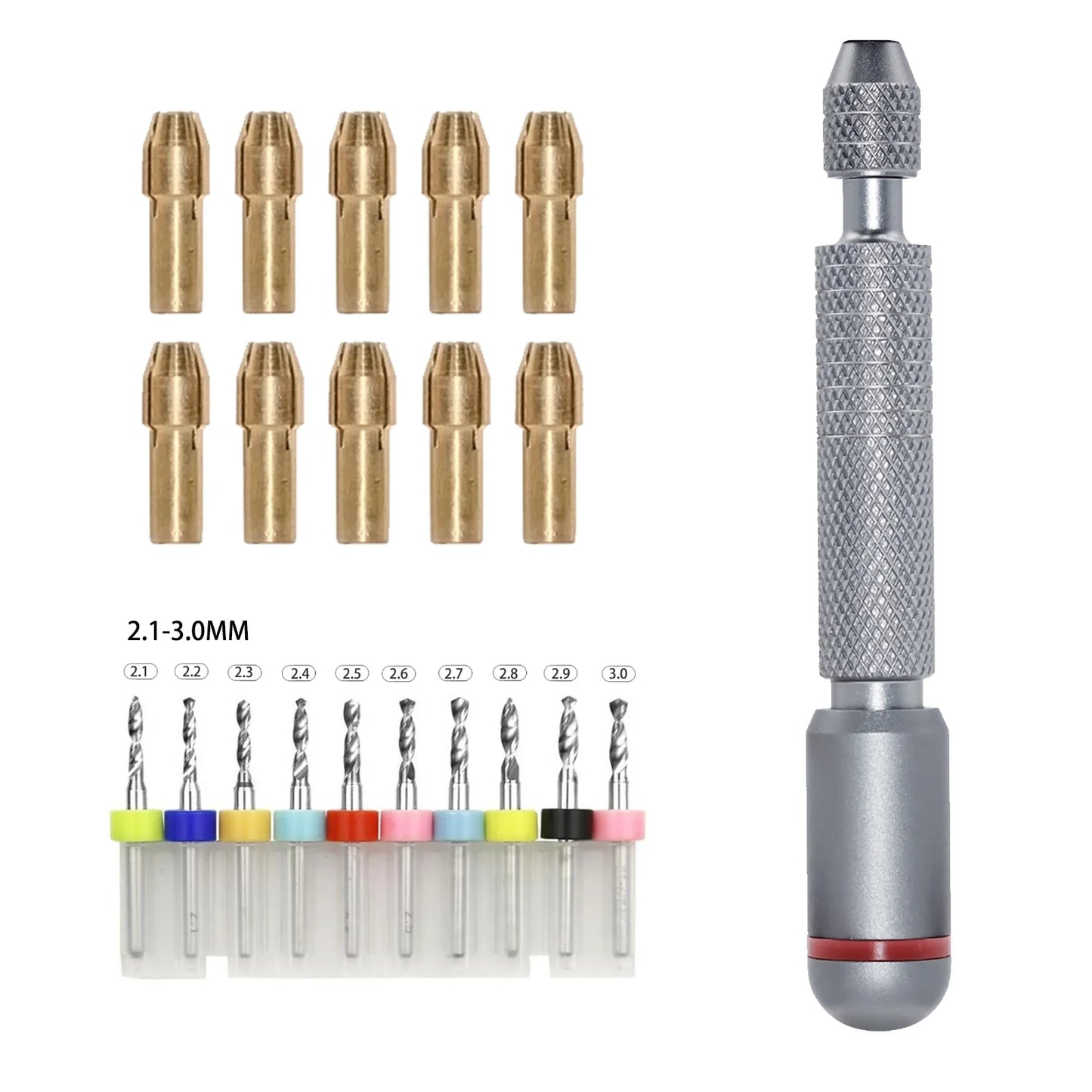 11/21-Piece Needle Vise Set – Hand Twist Drill with Double Bearing and Interchangeable Rotary Bits of Various Sizes