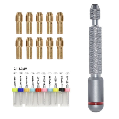 11/21-Piece Needle Vise Set – Hand Twist Drill with Double Bearing and Interchangeable Rotary Bits of Various Sizes
