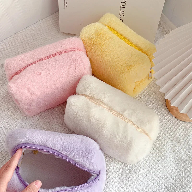 Solid Fur Cosmetic Storage Bag – Large Women’s Zipper Makeup Organizer Handbag, Stationery & Travel Toiletry Case