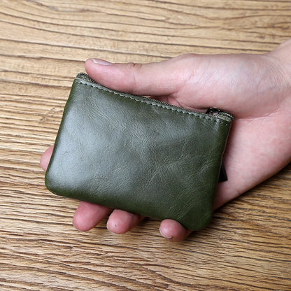 Leather Mini Coin Purse – Unisex Retro Handmade Cowhide Small Wallet with Zipper & Key Case
