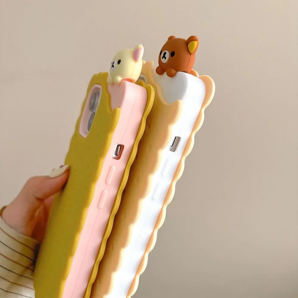 Sandwich Biscuit Tide Bear Silicone Phone Case for iPhone 16 15 14 13 12 11 Pro Max Shockproof Soft Cover