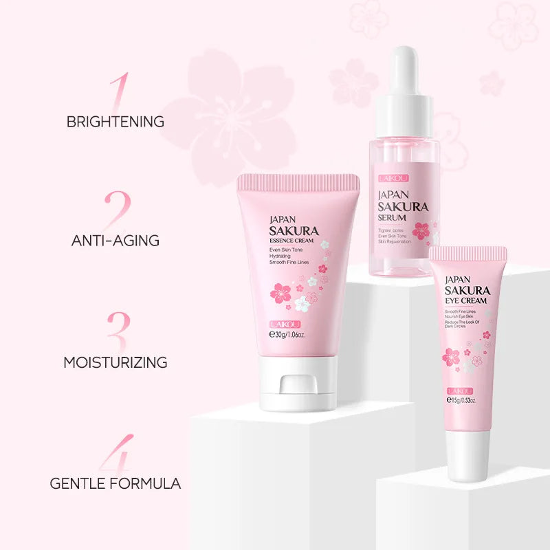 LAIKOU 3pcs Vitamin C & 24K Gold Sakura Skincare Set — Moisturizing Face Cream, Serum & Eye Cream, Anti-Wrinkle Face Care Kit