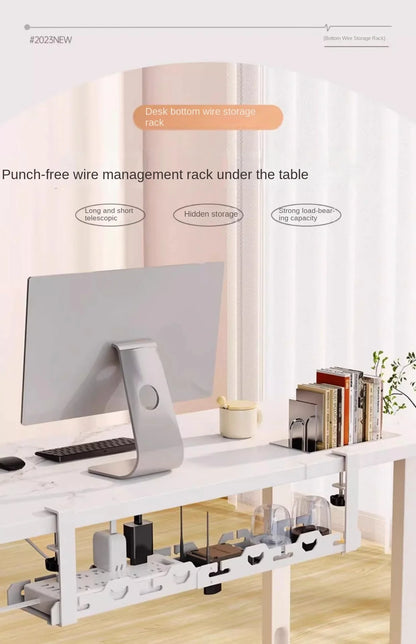Telescopic Under-Desk Storage Rack – Metal Cable Management Tray for Home and Office, No-Punch Wire Organizer