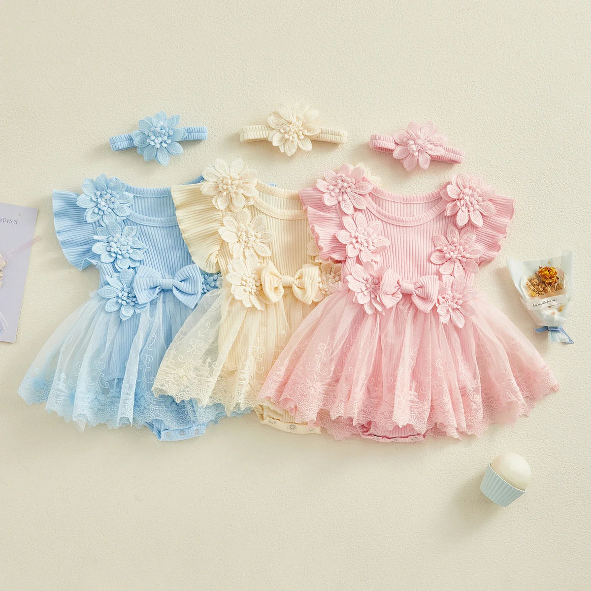 3D Flower Baby Girls’ Romper - Princess Mesh Lace Ruffle Bodysuit Dress with Headband
