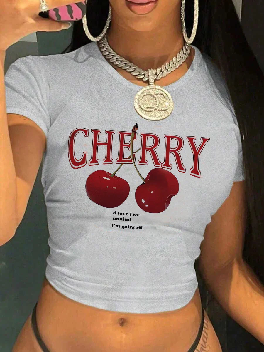 Women’s Y2K Cherry Print Crop T-Shirt – Crew Neck Short Sleeve Tight Fit Summer Fashion Top