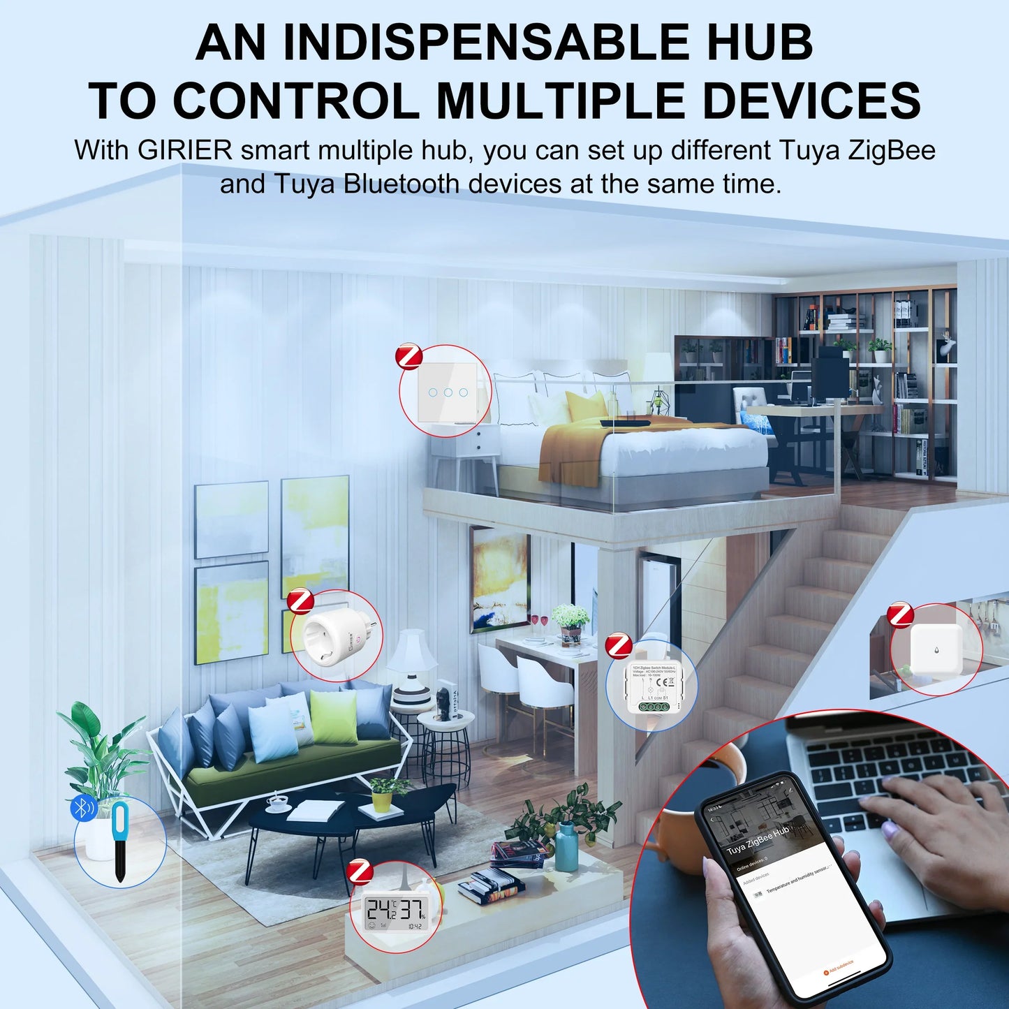 GIRIER Tuya ZigBee Gateway Hub with Antenna - Smart Wired Mesh Bridge for Home Automation, Alexa & Google Assistant Compatible
