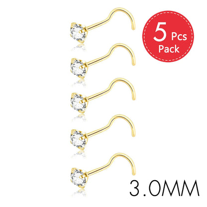 5PCS Stainless Steel Nose Ring Studs — Crystal Nostril Piercing Jewelry for Women & Girls, 1.5/2.0/2.5/3.0mm, 20G