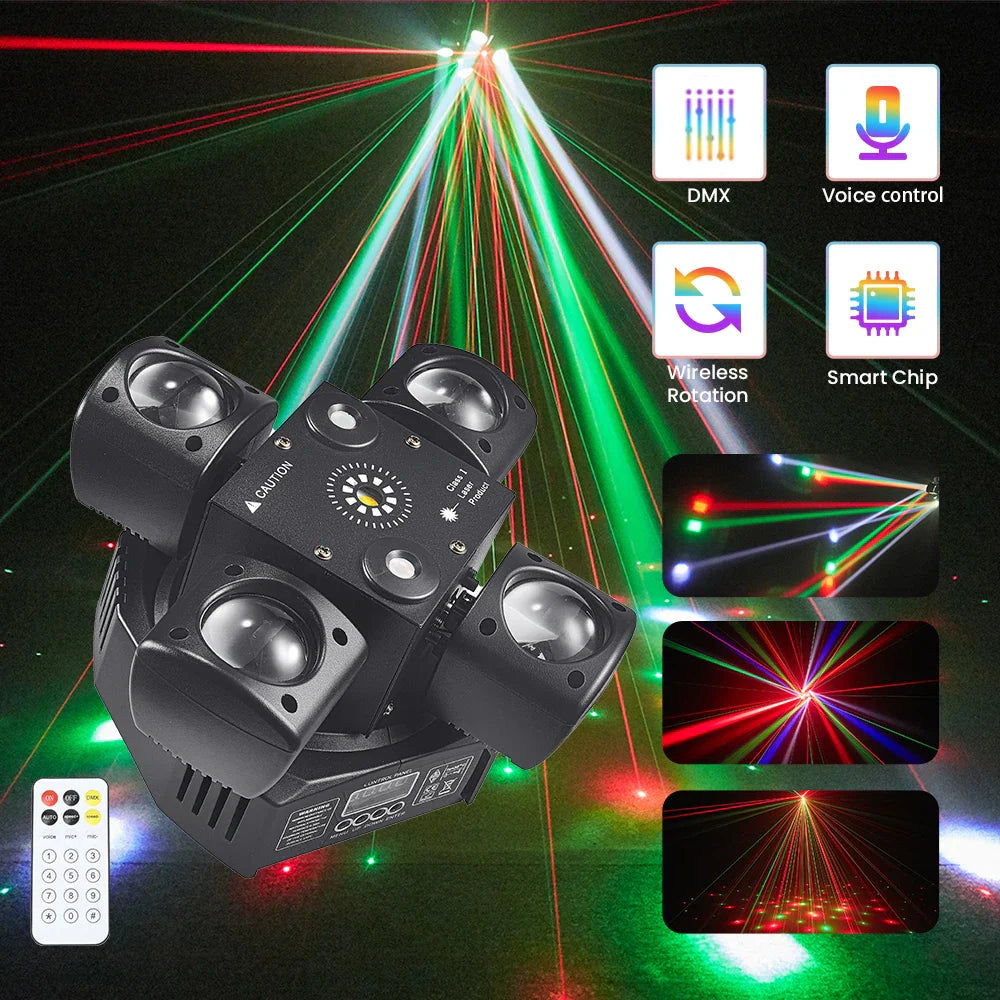 48W 4-Arm Mini Moving Head DJ Light – RGBW LED Disco Strobe with DMX512 for Party, Nightclub & Stage Effects