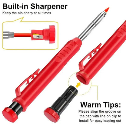 Professional Carpenter Pencil - Metal Long Head Deep Hole Engineering Marker with Quick Drying Graphite, Woodworking Black Red Lineation