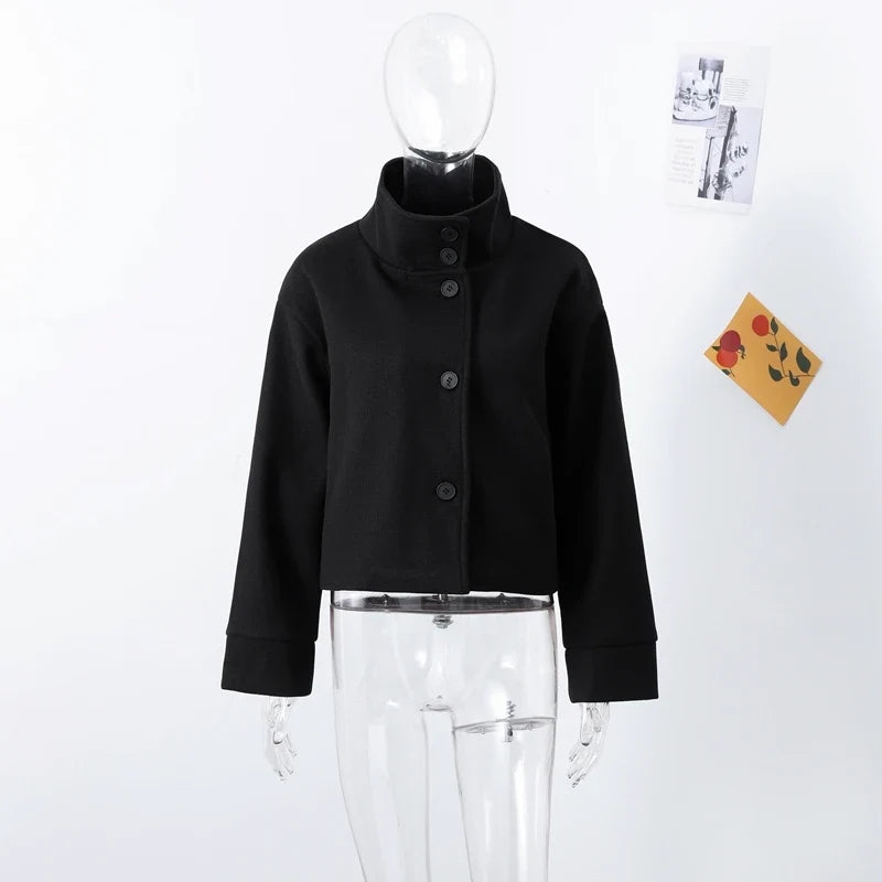 Women’s Short Woolen Coat - Stand Collar Loose Zipper Jacket for Spring Autumn Fashion Outerwear