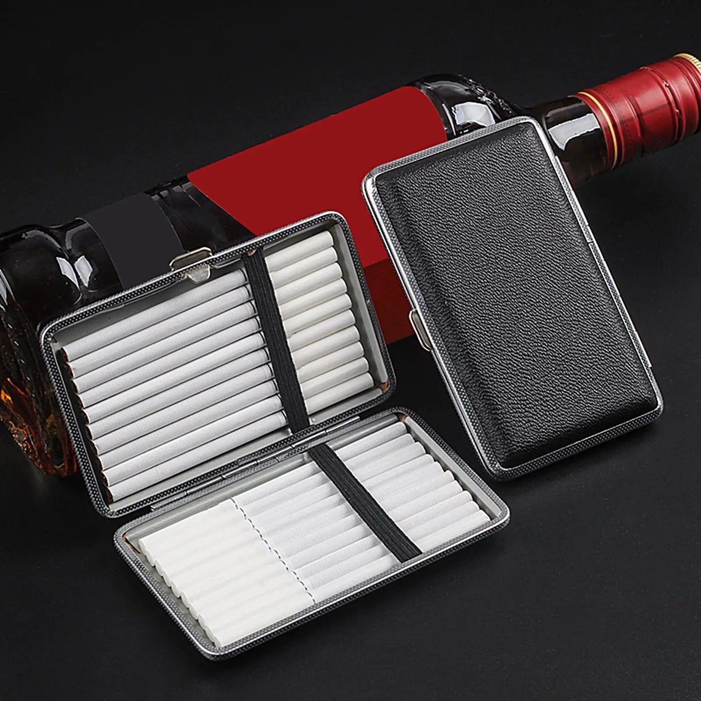 Portable Leather Cigarette Case - 20-Stick Slim Metal Frame Holder for Cigarettes and Cigars