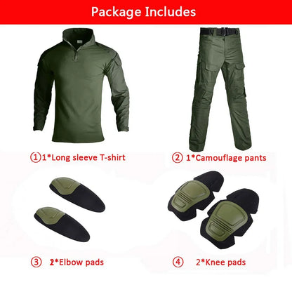 Men’s Camo Tactical Uniform Set | Ripstop Airsoft Suit with Multi-Pocket Pants & Training Shirt for Hunting or Paintball