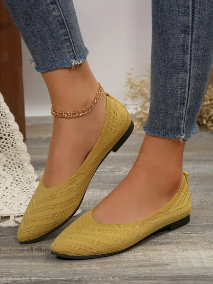 Women’s Pointed Toe Knitted Slip-On Flats – Solid Color Casual Breathable Ballet Loafers