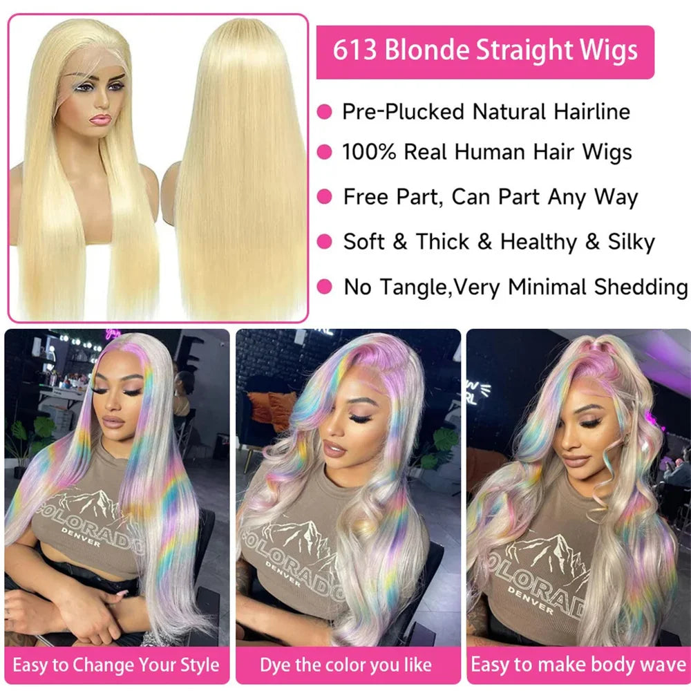 HD Transparent 613 Blonde Straight Wig – 13x4/13x6 Lace Front, Pre-Plucked Brazilian Human Hair Lace Frontal Wig for Women