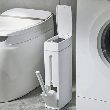 Bathroom Trash Can & Toilet Brush Combo - Space-Saving Slim Garbage Bin with Lid